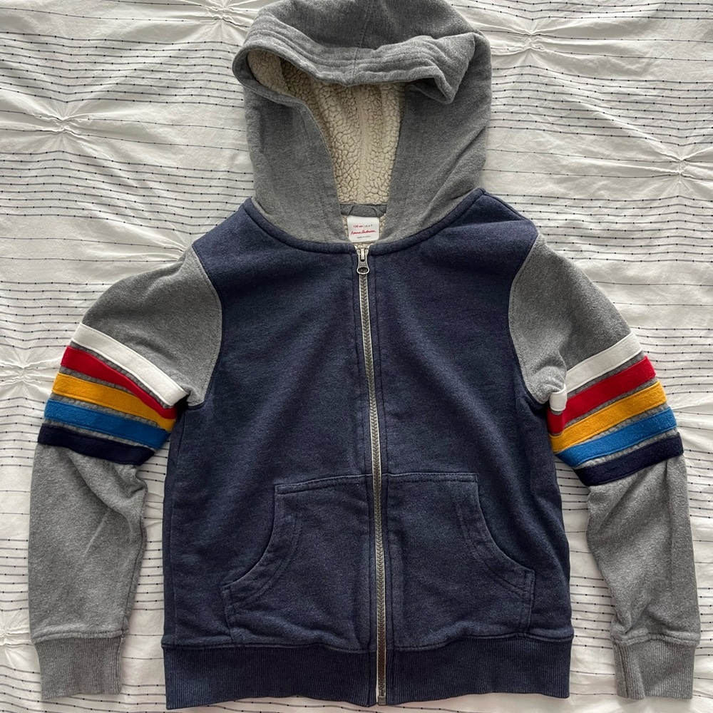 Hanna Andersson Navy and Gray Hoodie with Colorful Stripes